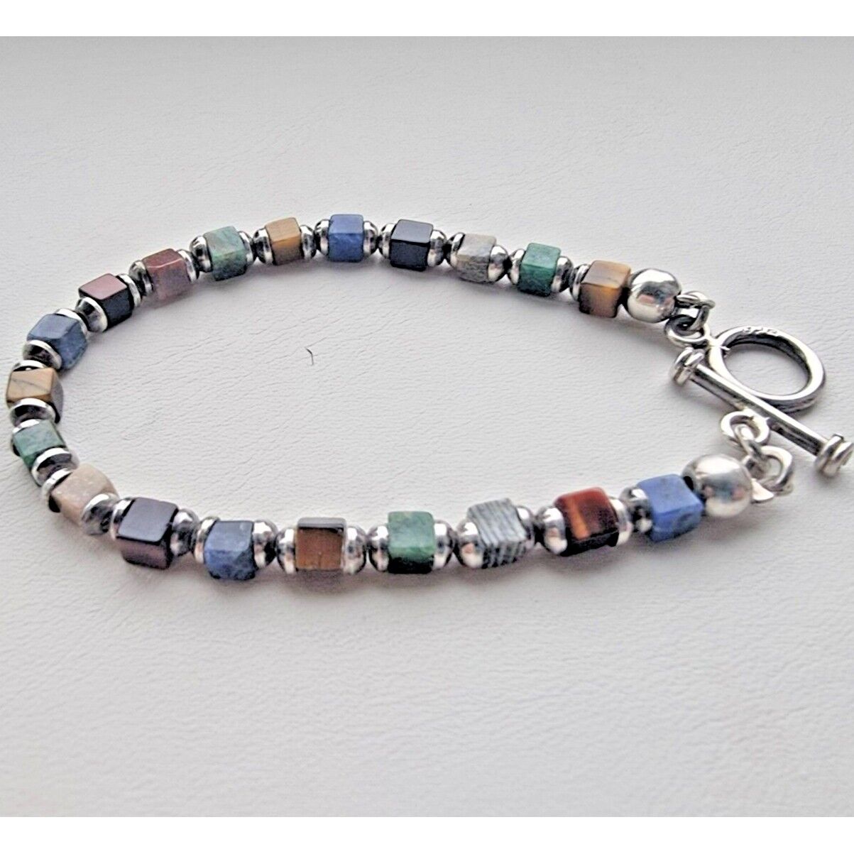 925 STERLING SILVER NATURAL MULTI GEMSTONE TOGGLE CLAPS CUBE BRACELET AT