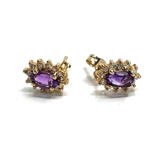 T & C 14K YELLOW GOLD AMETHYST AND DIAMOND STUD EARRINGS SKY