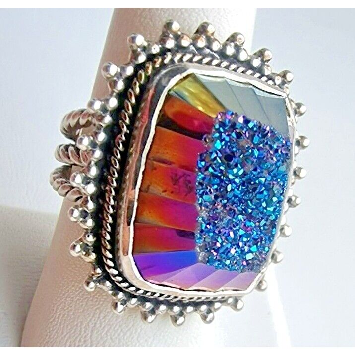 925 STERLING SILVER TITANIUM PLATED DRUZY QUARTZ SHINY RING SIZE 8 AT