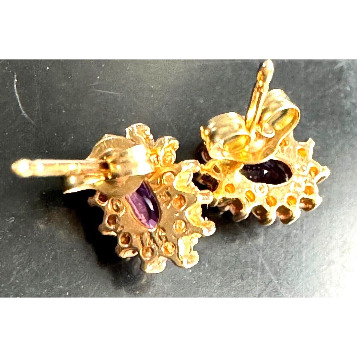 T & C 14K YELLOW GOLD AMETHYST AND DIAMOND STUD EARRINGS SKY