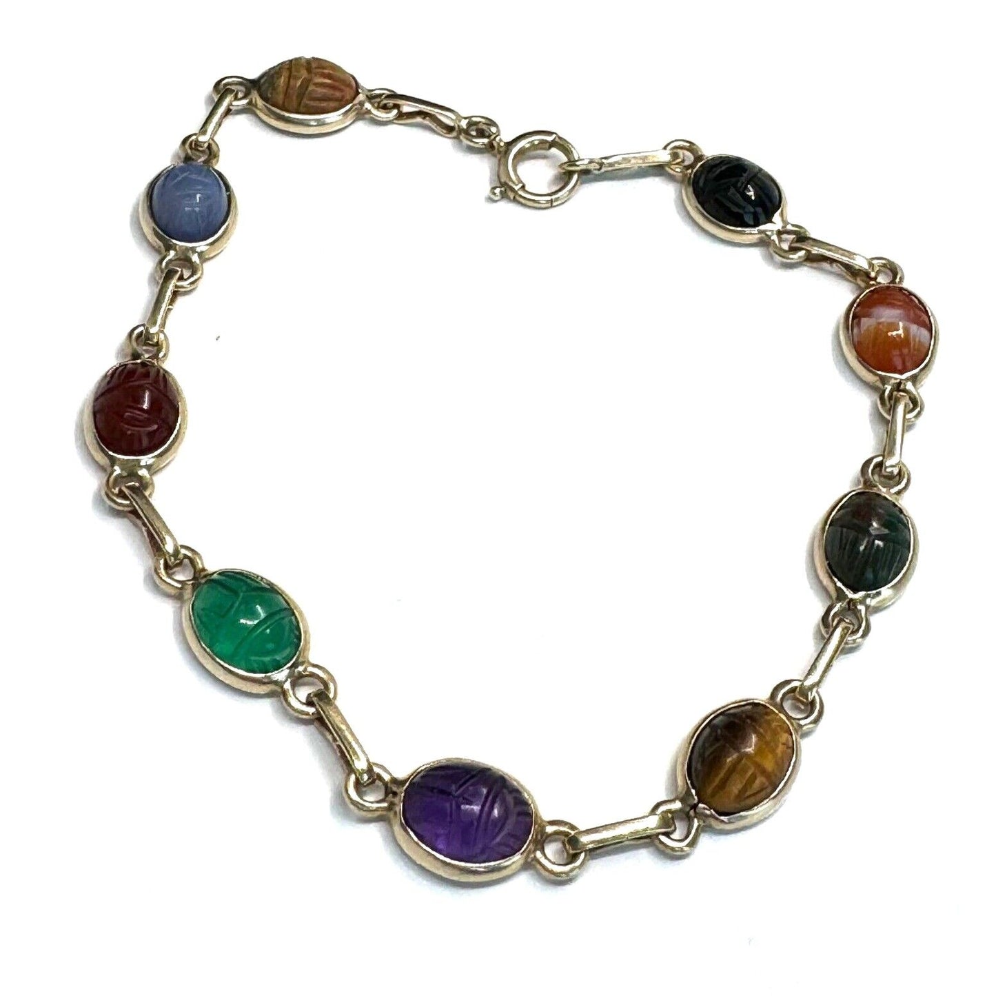 14K YELLOW GOLD AND CARVED GEMSTONE SCARABS BRACELET SKY