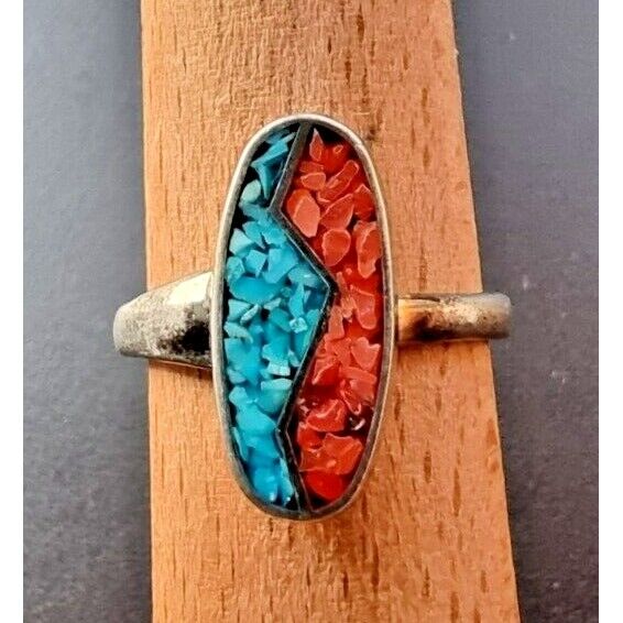 925 STERLING SILVER TURQUOISE AND CORAL RING SIZE 5.75 AT