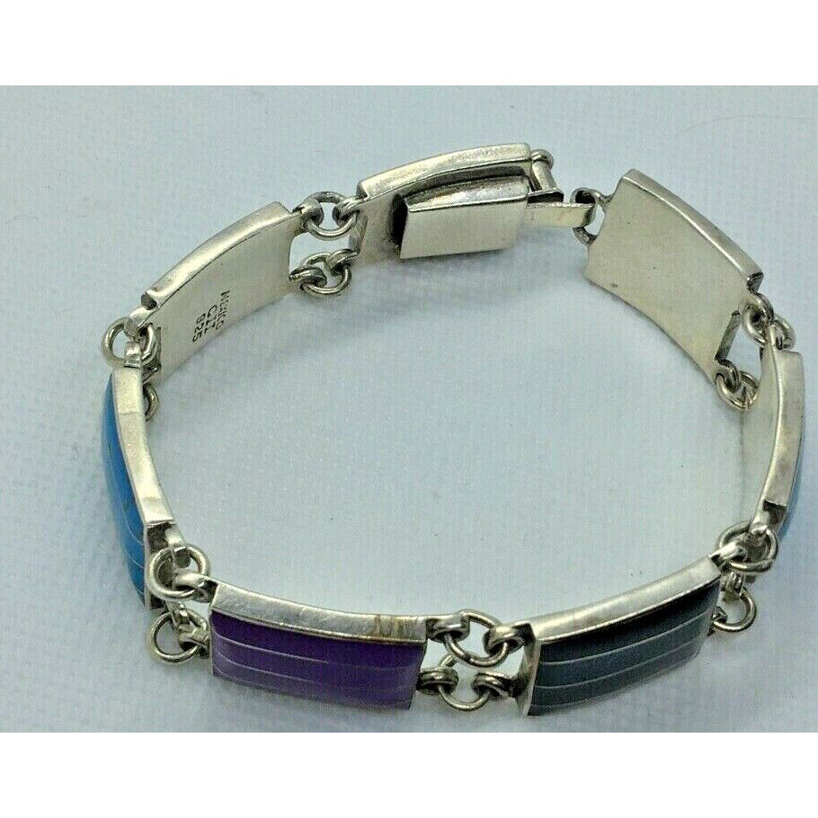 VINTAGE WIDE 925 STERLING SILVER MULTI-GEM LINK BRACELET SKY