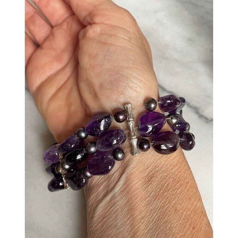 925 STERLING SILVER AMETHYST & BLACK PEARLS 3 STRANDS  BRACELET SKY