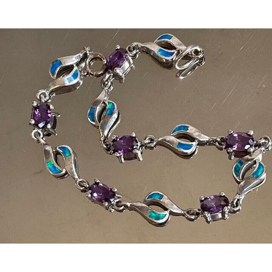 925 STERLING SILVER PURPLE CZ & FAUX OPAL TENNIS  BRACELET SKY