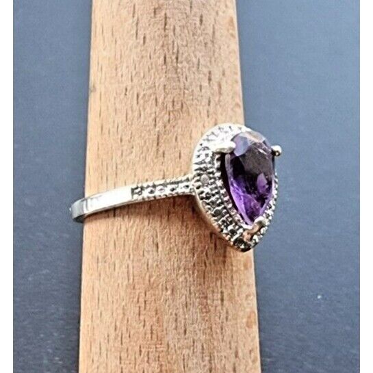 925 STERLING SILVER NATURAL  9x6 mm. PEAR SHAPED AMETHYST RING SIZE 8 AT