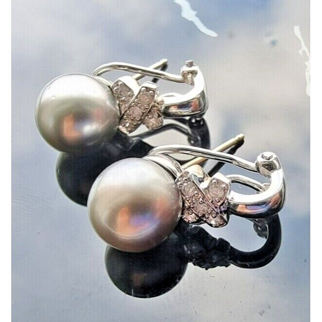 14K WHITE GOLD GREY  PEARL AND DIAMOND EARRINGS WITH OMEGA CLIP AT