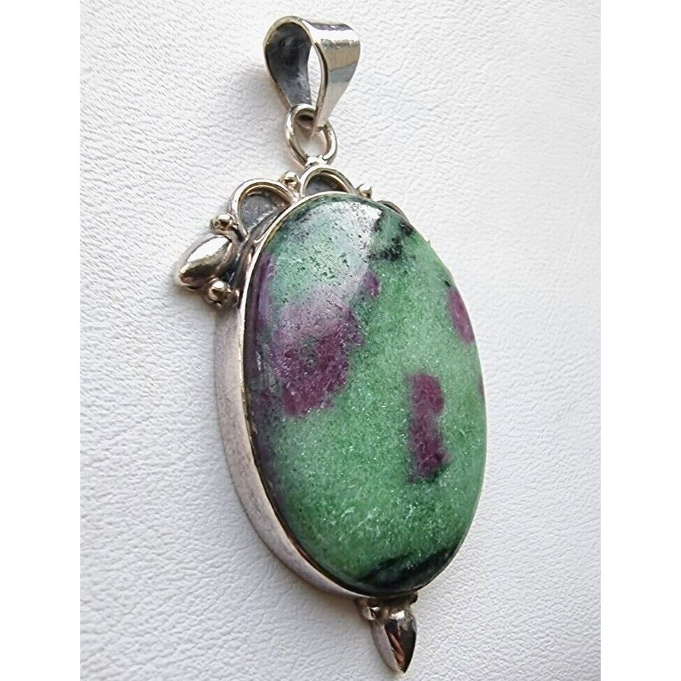 925 STERLING SILVER NATURAL RUBY ZOISITE CABOCHON PENDANT AT