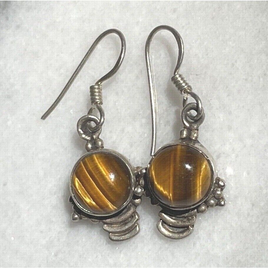 925 STERLING SILVER & TIGER'S EYE DANGLE EARRINGS SKY