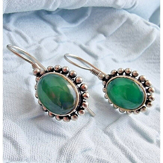 SOUTHWEST STYLE 925 STERLING SILVER  OVAL 11x8 mm. GREEN JADE EARRINGS AT