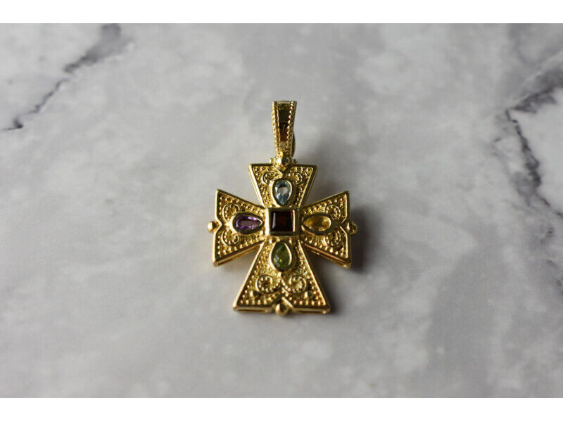 925 STERLING SILVER GOLD PLATED MULTI GEMSTONES CROSS PENDANT