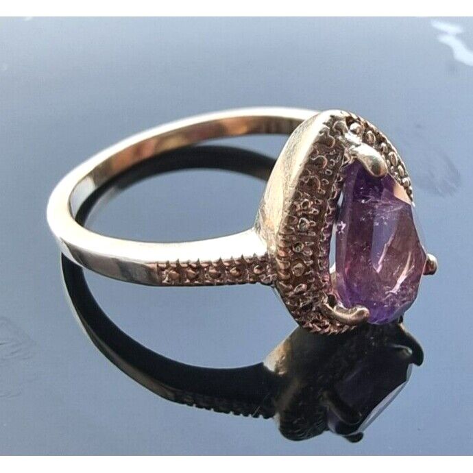 925 STERLING SILVER NATURAL  9x6 mm. PEAR SHAPED AMETHYST RING SIZE 8 AT