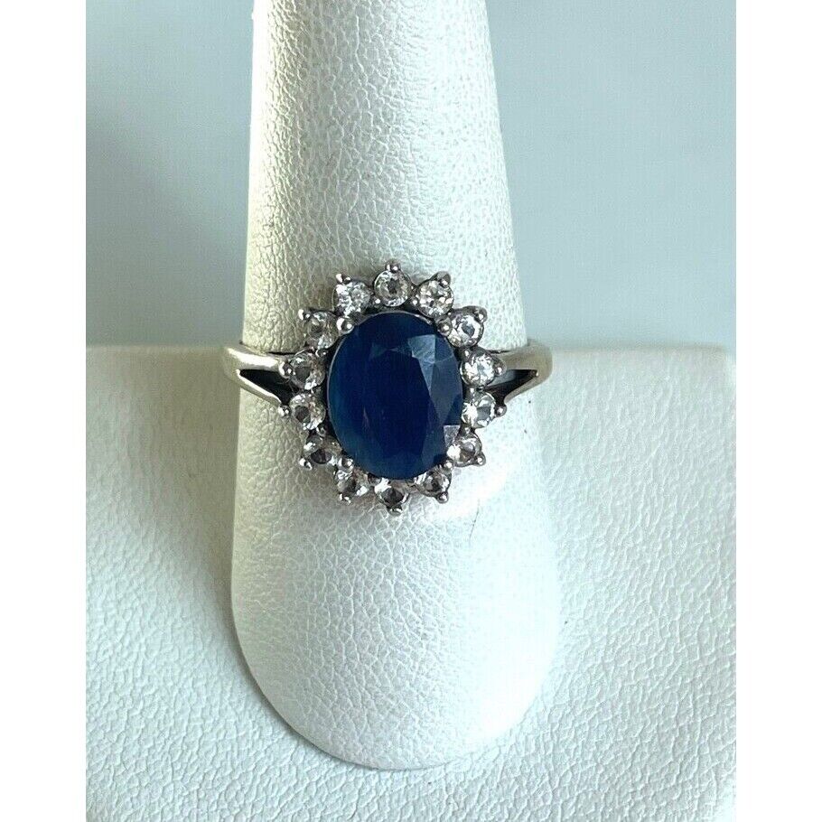 925 STERLING SILVER LAB-CREATED SAPPHIRE & NATURAL COLORLESS TOPAZ RING SKY