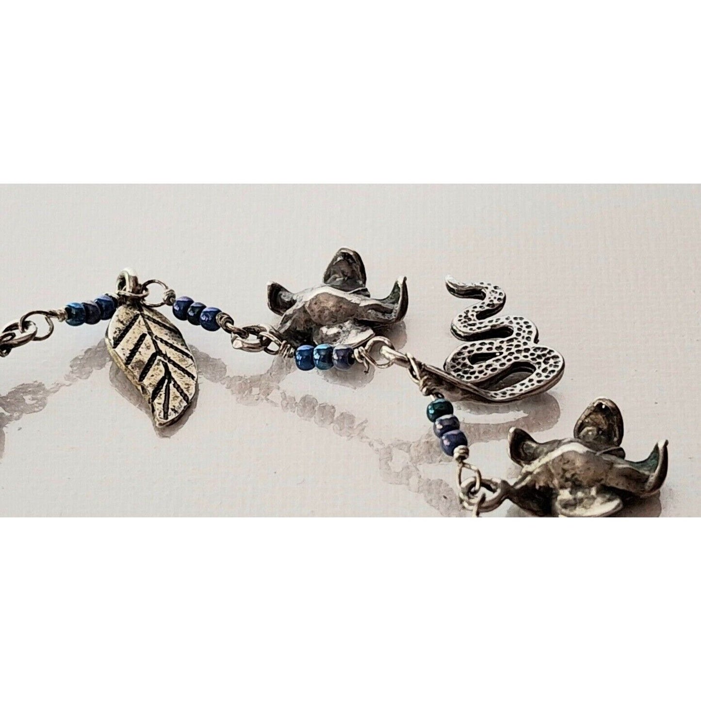 925 STERLING SILVER LEAVES,  FLOWERS  AND SNAKE BEADED CHARM BRACELET SKY