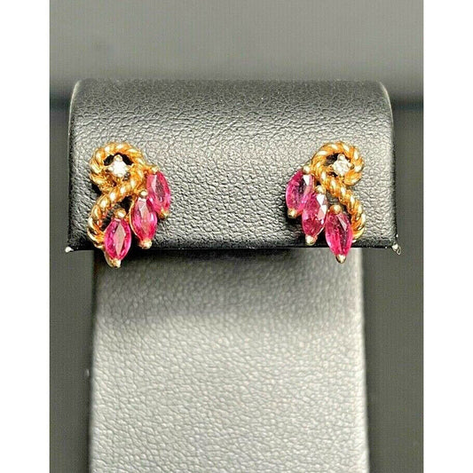 14K YELLOW GOLD PINK TOPAZ & DIAMOND STUD  EARRINGS SKY