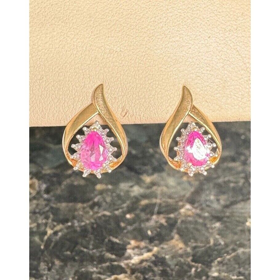 YELLOW GOLD LAB-CREATED PINK SAPPHIRE AND DIAMOND EARRINGS SKY