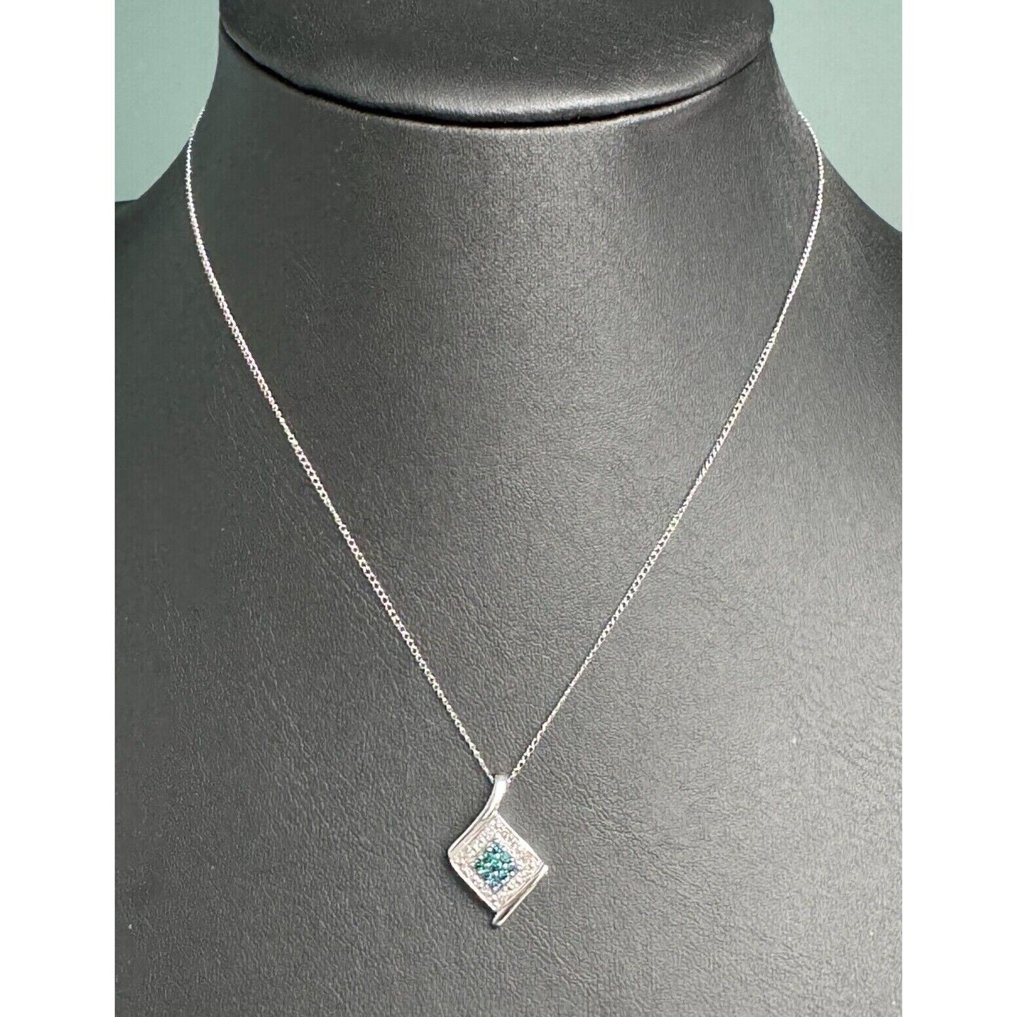 WHITE GOLD TEAL AND CLEAR DIAMONDS PENDANT NECKLACE SKY