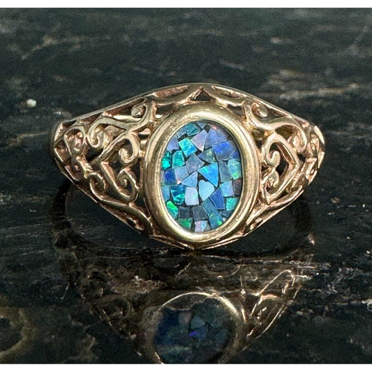 YELLOW GOLD AND OPAL MOSAIC RING SIZE 7.75 SKY