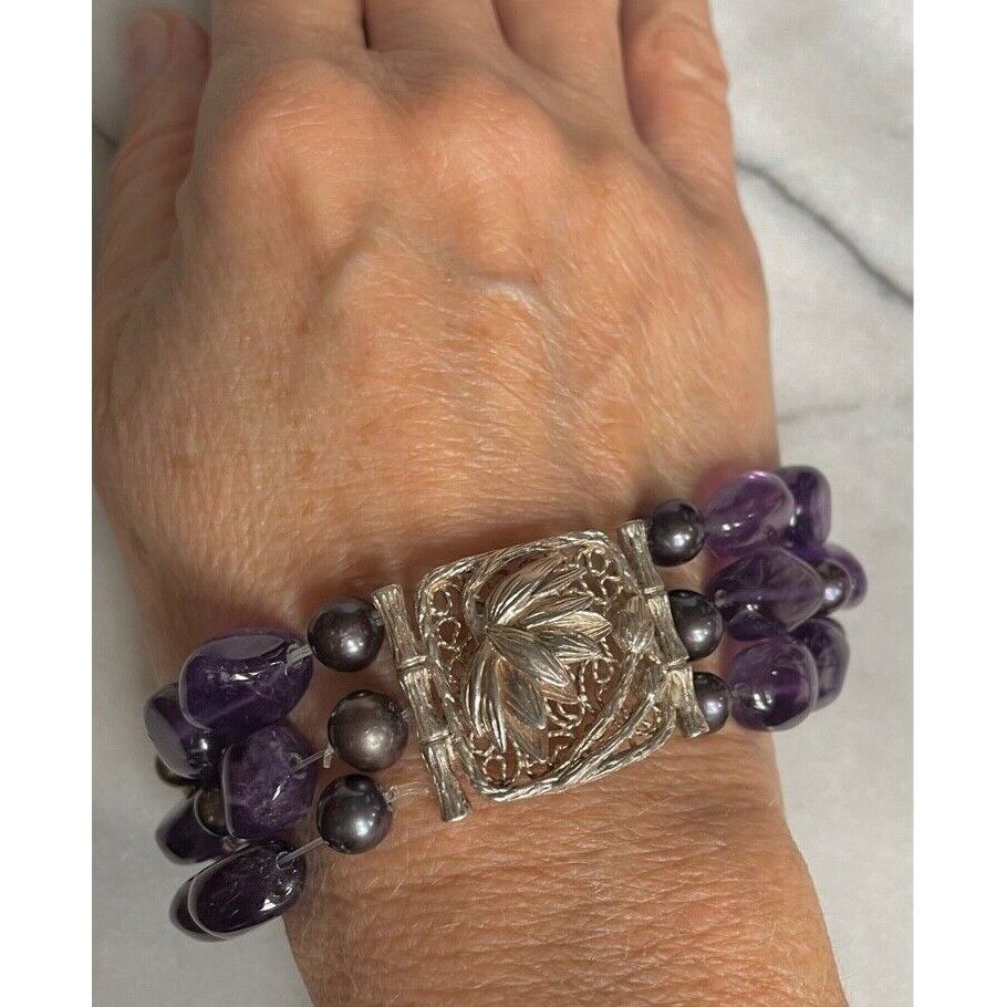 925 STERLING SILVER AMETHYST & BLACK PEARLS 3 STRANDS  BRACELET SKY