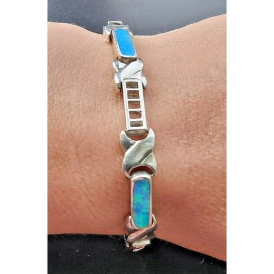 ELEGANT 925 STERLING SILVER INLAY BLUE OPAL BRACELET  7.5 INCH AT