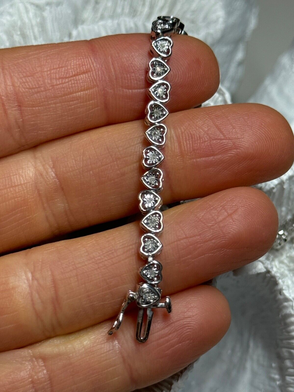 925 STERLING SILVER WHITE SAPPHIRE HEART BRACELET SIZE 7 Inch