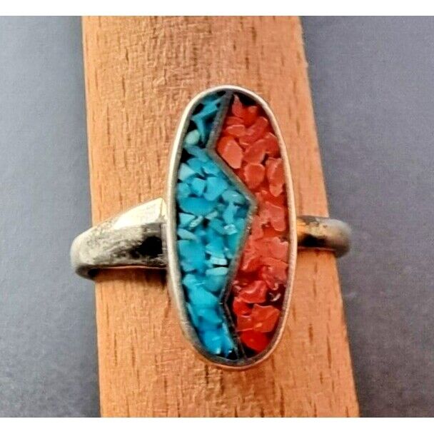 925 STERLING SILVER TURQUOISE AND CORAL RING SIZE 5.75 AT