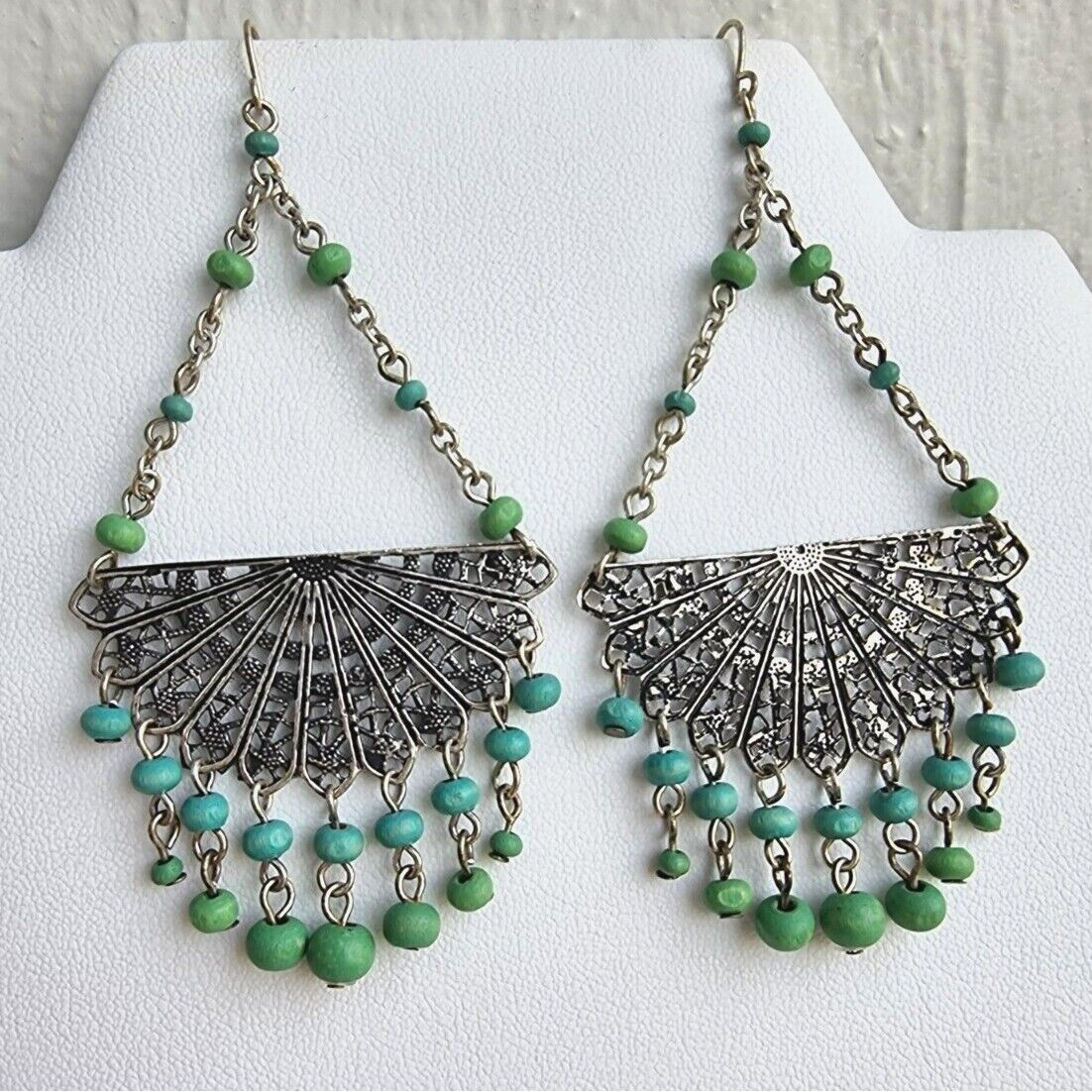 ETHNIC VINTAGE 925 STERLING SILVER WOOD  DROPS EARRINGS AT