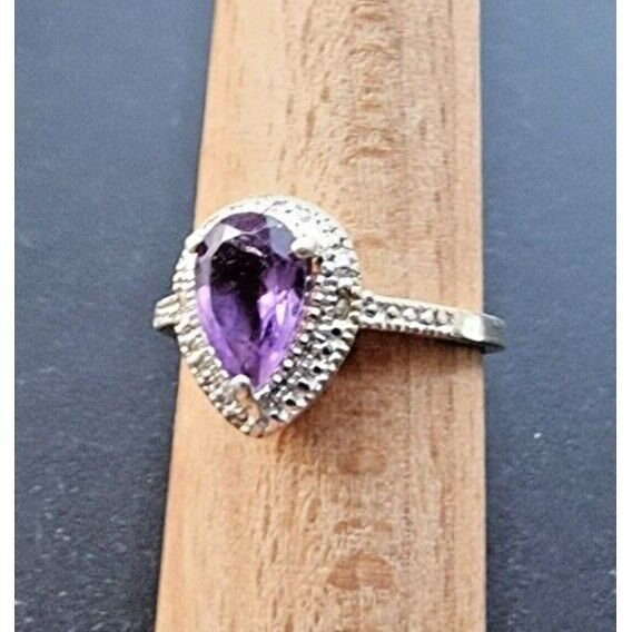 925 STERLING SILVER NATURAL  9x6 mm. PEAR SHAPED AMETHYST RING SIZE 8 AT