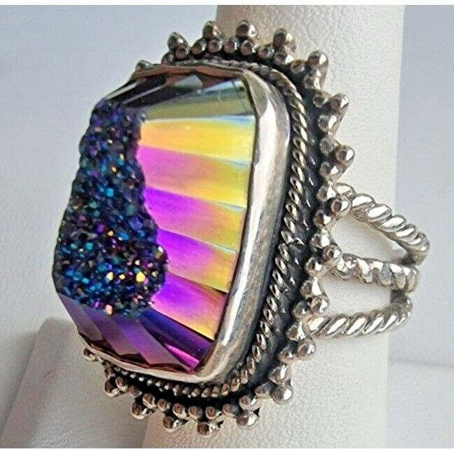 925 STERLING SILVER TITANIUM PLATED DRUZY QUARTZ SHINY RING SIZE 8 AT