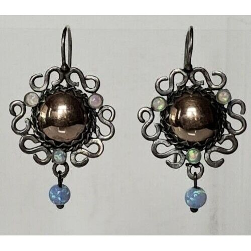 925 STERLING SILVER AND 14K GOLD BLACK OPAL  EARRINGS SKY