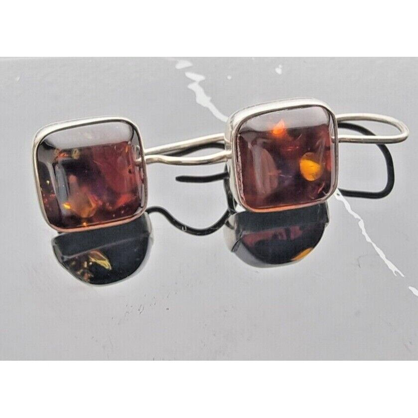 LORI BONN VINTAGE 925 STERLING SILVER NATURAL BALITC 12x12 mm. AMBER EARRINGS AT