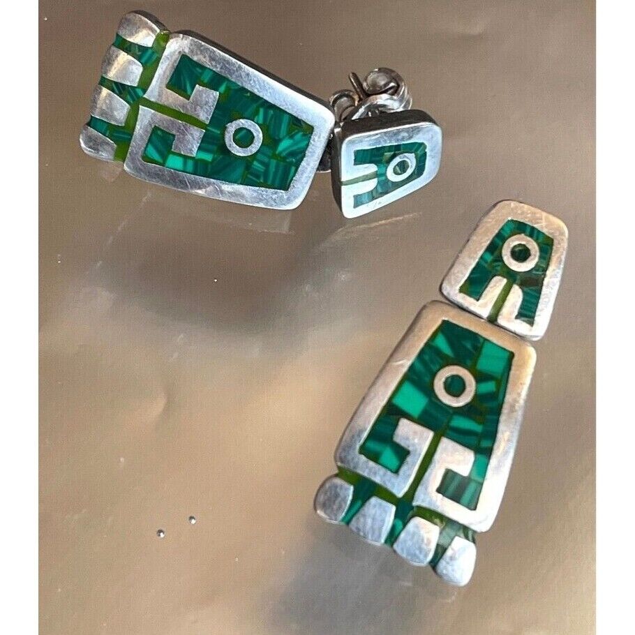 ESCORCIA OF TAXCO 950 STERLING SILVER  MALACHITE INLAYED EARRINGS SKY