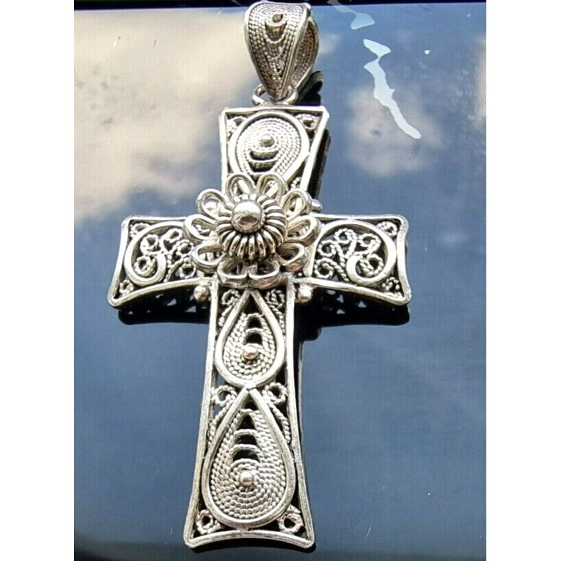 925 STERLING SILVER FILIGREE CROSS FLOWER CROSS  PENDANT AT