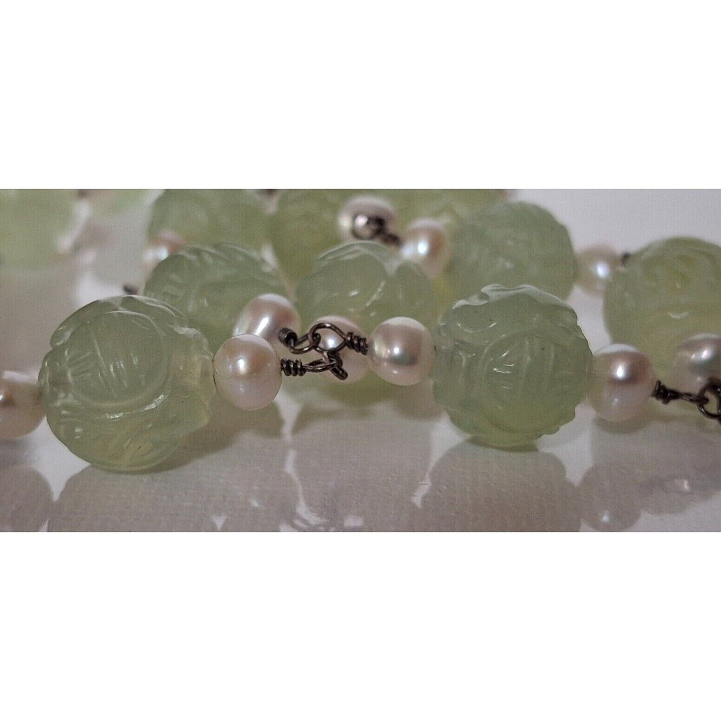 YUA-SAI 925 STERLING SILVER CURVED JADE  AND PEARLS  NECKLACE SKY