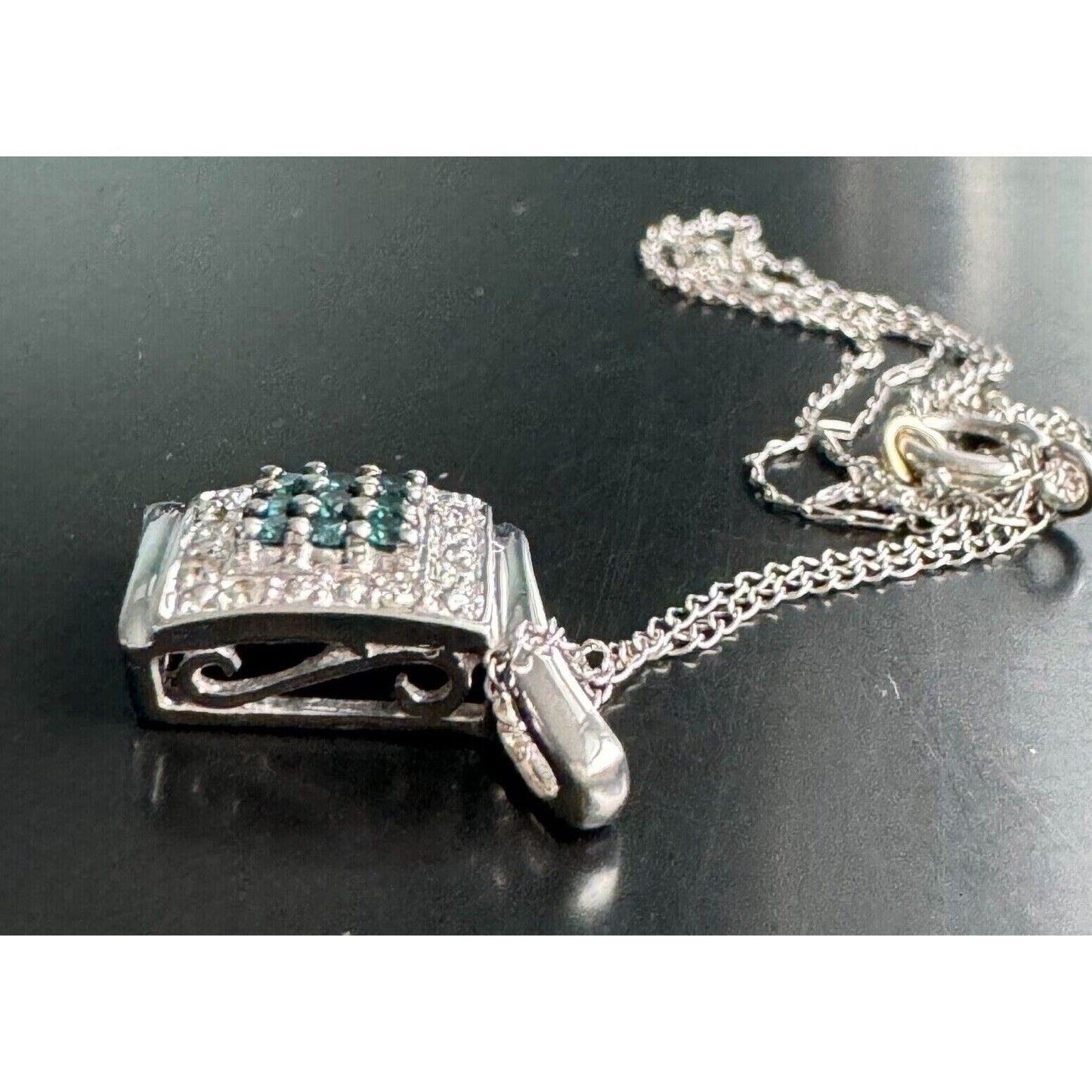 WHITE GOLD TEAL AND CLEAR DIAMONDS PENDANT NECKLACE SKY