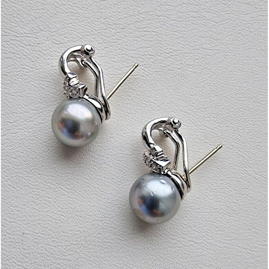 14K WHITE GOLD GREY  PEARL AND DIAMOND EARRINGS WITH OMEGA CLIP AT