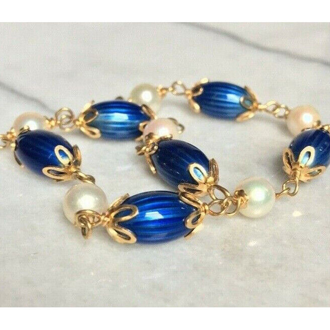 18K YELLOW GOLD GUILLOCHE ENAMEL & PEARLS BRACELET SKY