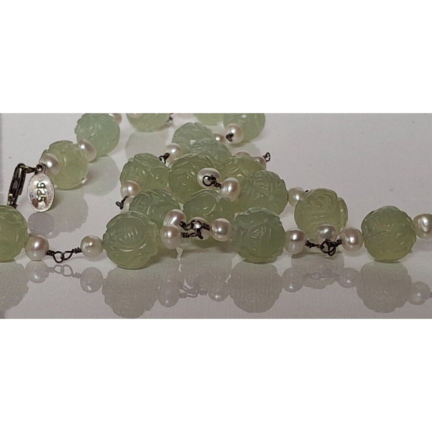 YUA-SAI 925 STERLING SILVER CURVED JADE  AND PEARLS  NECKLACE SKY