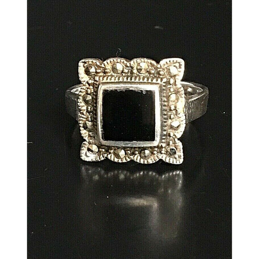 925 STERLING SILVER ONYX & MARCASITES RING SIZE 9.25 SKY