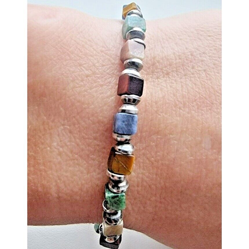 925 STERLING SILVER NATURAL MULTI GEMSTONE TOGGLE CLAPS CUBE BRACELET AT