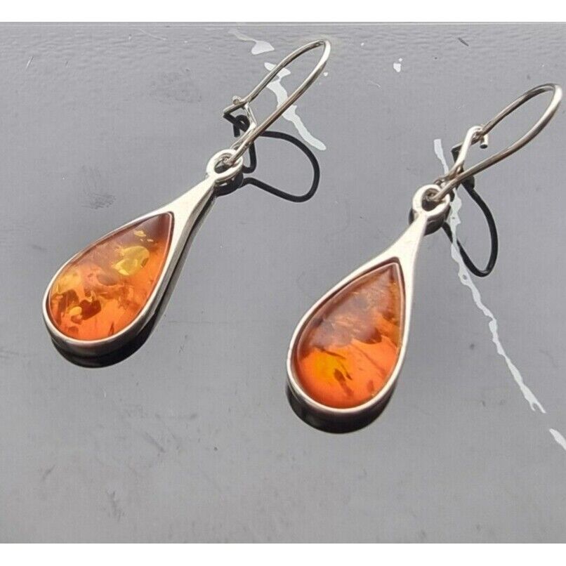 VINTAGE 925 STERLING SILVER NATURAL BALTIC 15x8 mm. AMBER TEARDROP EARRINGS AT