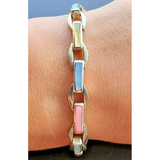 925 STERLING SILVER MULTICOLOR GEMSTONE INLAY BRACELET 7 INCH AT