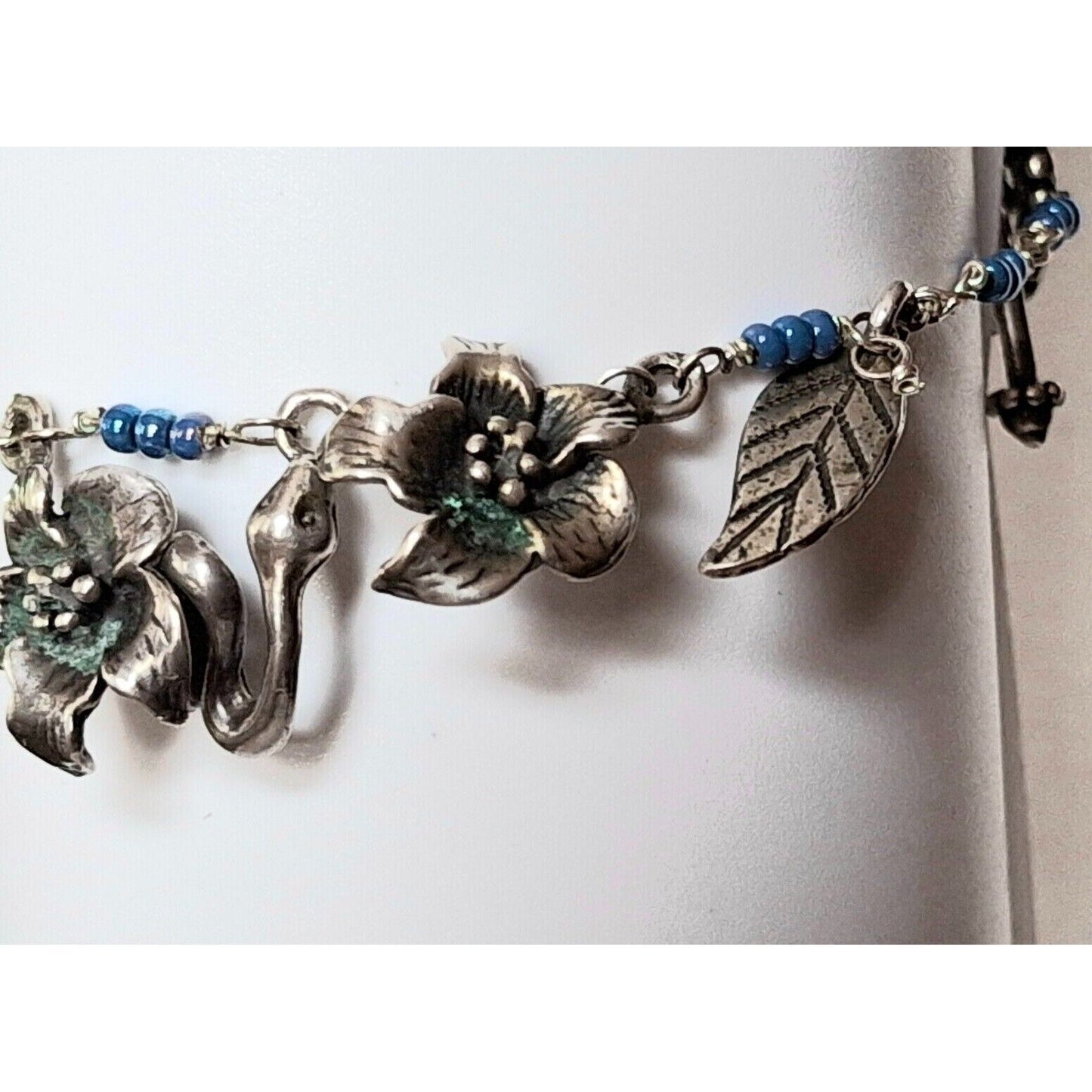 925 STERLING SILVER LEAVES,  FLOWERS  AND SNAKE BEADED CHARM BRACELET SKY