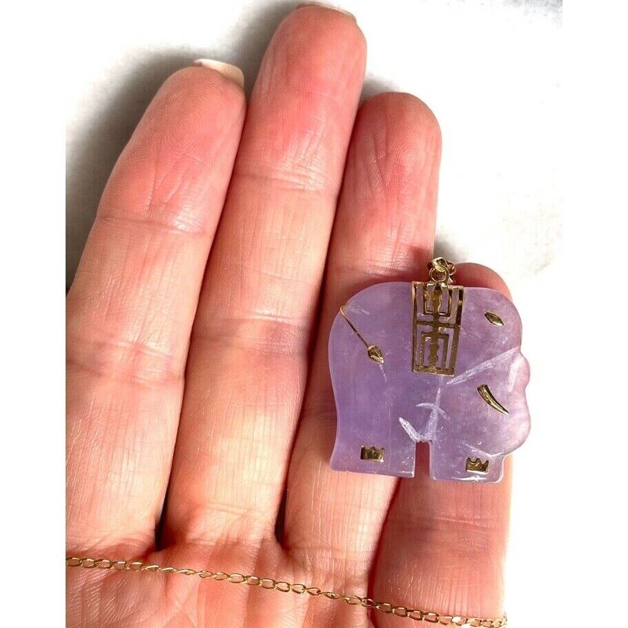 YELLOW GOLD LAVENDER CHALCEDONY ELEPHANT PENDANT  NECKLACE SKY