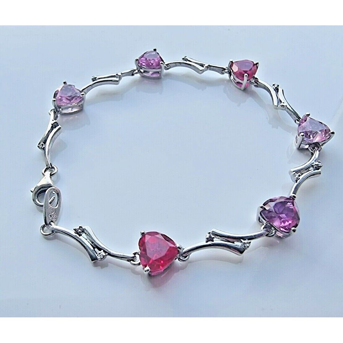 925 STERLING SILVER DIAMOND PINK TOURMALINE PINK SAPPHIRE RUBY HEART BRACELET AT