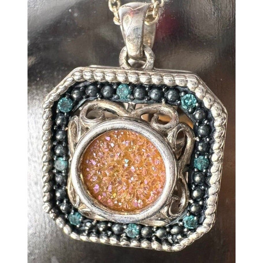 925 STERLING SILVER DRUZY MINERAL & DIAMOND VINAIGRETTE LOCKET PENDANT SKY