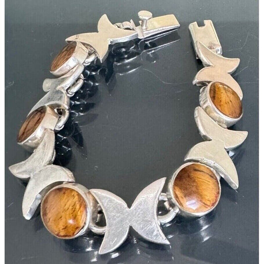 FINE QUALITY TAXCO 950 STERLING SILVER AND TIGER'S EYE BRACELET SKY