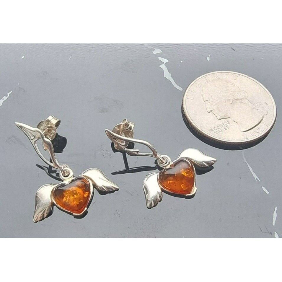 VINTAGE 925 STERLING SILVER HEART BALTIC AMBER, ANGEL WINGS DROP EARRINGS AT