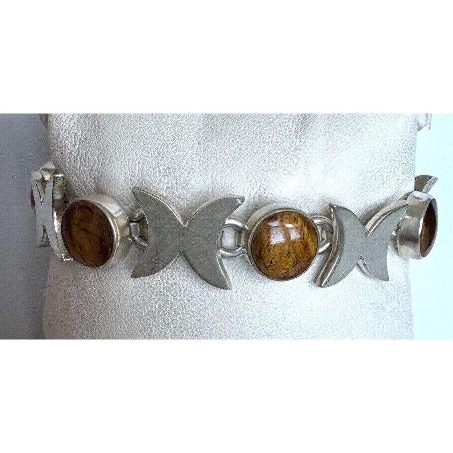 FINE QUALITY TAXCO 950 STERLING SILVER AND TIGER'S EYE BRACELET SKY