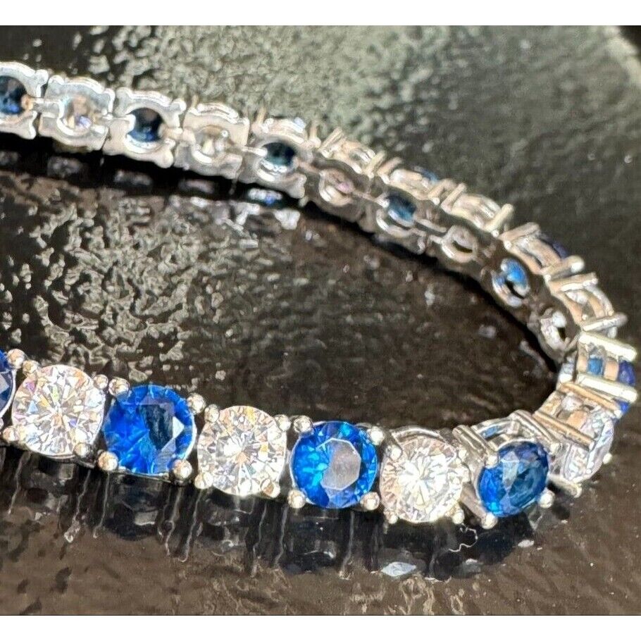 925 STERLING SILVER COBALT BLUE AND COLORLESS CZ TENNIS BRACELET SKY